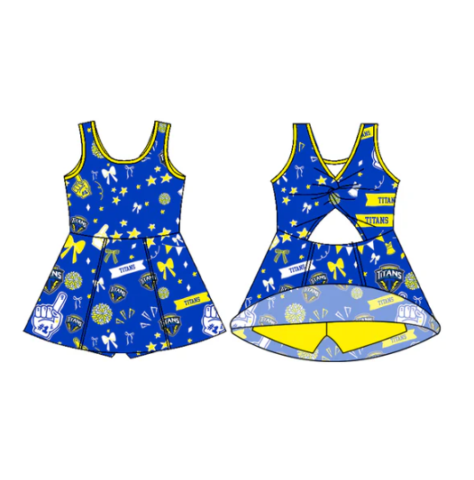 7.15 Preorder (moq 5)Baby Girls Sleeveless Titans Blue Bows Football Team Shorts Dresses