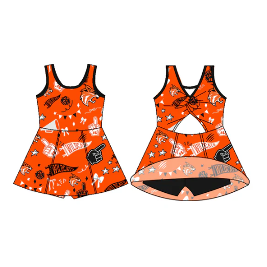 7.15 Preorder (moq 5)Baby Girls Sleeveless Orange Wildcats Football Team Shorts Dresses