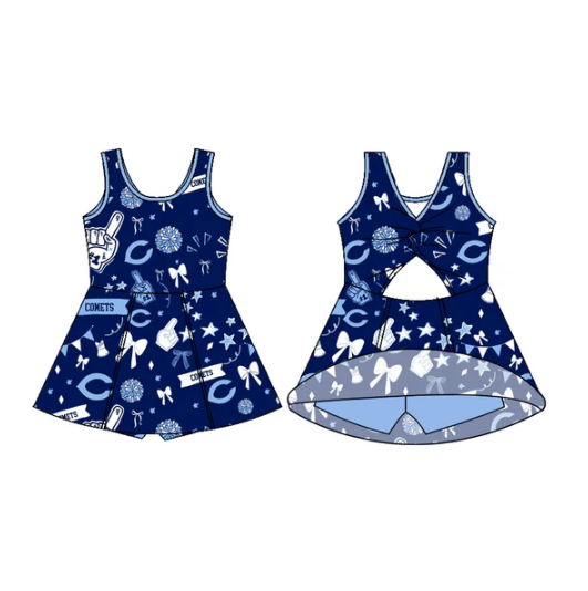 7.15 Preorder (moq 5)Baby Girls Sleeveless Blue Comets Football Team Shorts Dresses