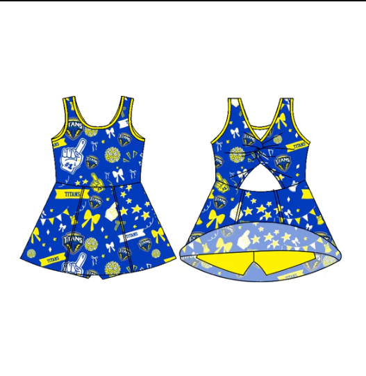 7.15 Preorder (moq 5)Baby Girls Sleeveless Blue Titans Football Team Shorts Dresses