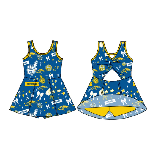 7.15 Preorder (moq 5)Baby Girls Sleeveless Blue Mustangs Football Team Shorts Dresses