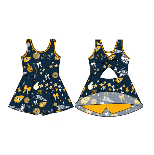 7.15 Preorder (moq 5)Baby Girls Sleeveless Navy Braves Football Team Shorts Dresses