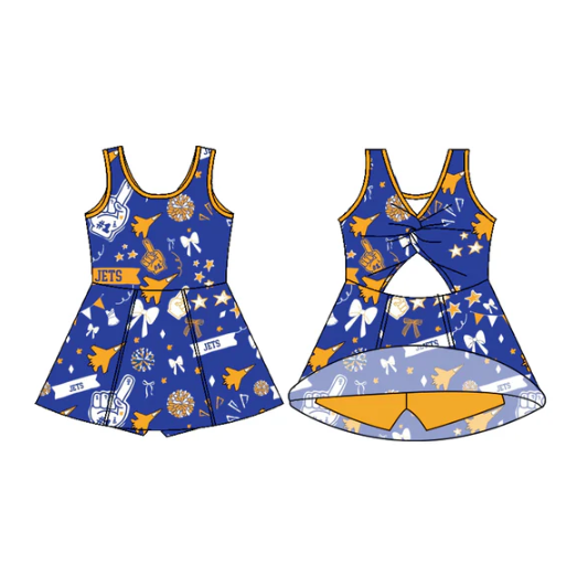 7.15 Preorder (moq 5)Baby Girls Sleeveless Blue Jets Football Team Shorts Dresses