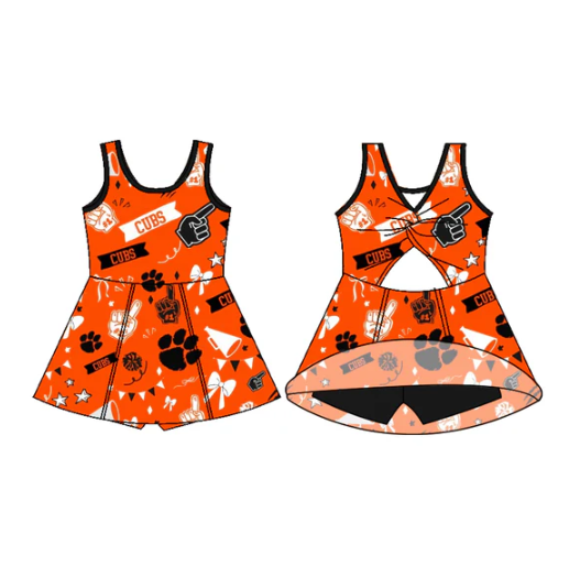7.15 Preorder (moq 5)Baby Girls Sleeveless Orange Cubs Football Team Shorts Dresses