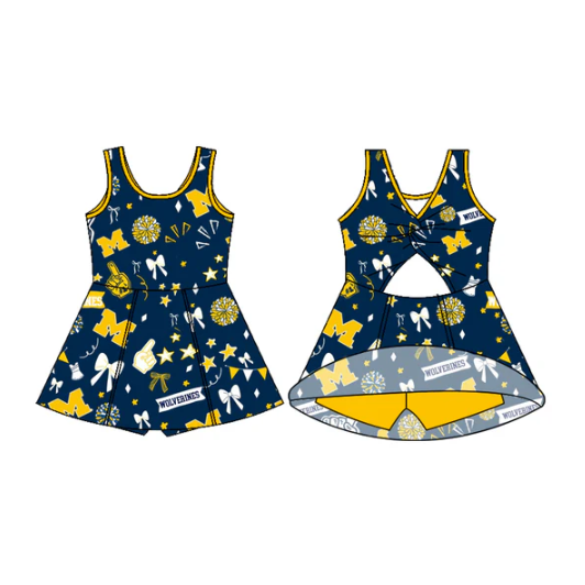 7.15 Preorder (moq 5)Baby Girls Sleeveless Navy Wolverines Football Team Shorts Dresses