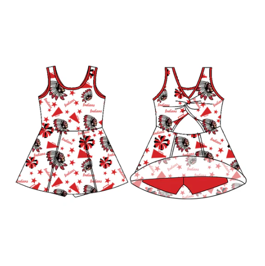 7.15 Preorder (moq 5)Baby Girls Sleeveless Red Indians Football Team Shorts Team Dresses