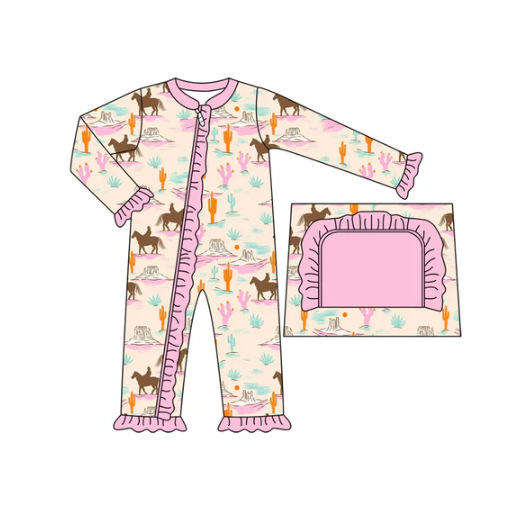 7.15 Preorder moq 5 Baby Infant Girls Long Sleeves Horse Rodeos Cactus Ruffle Zipper Romper