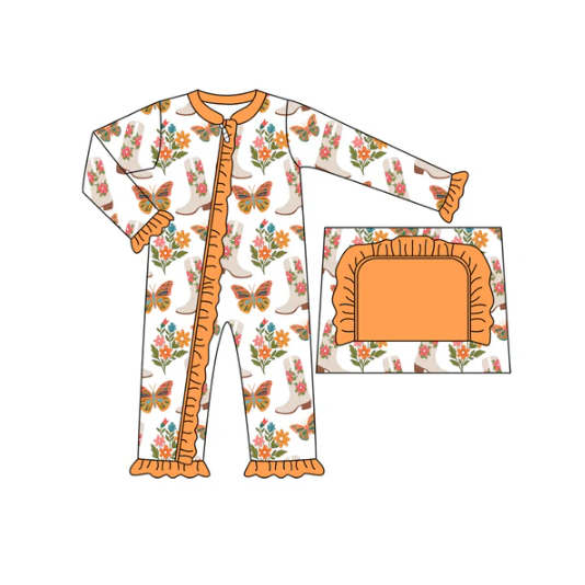 7.15 Preorder moq 5 Baby Infant Girls Long Sleeves Butterfly Floral Boots Ruffle Zipper Romper