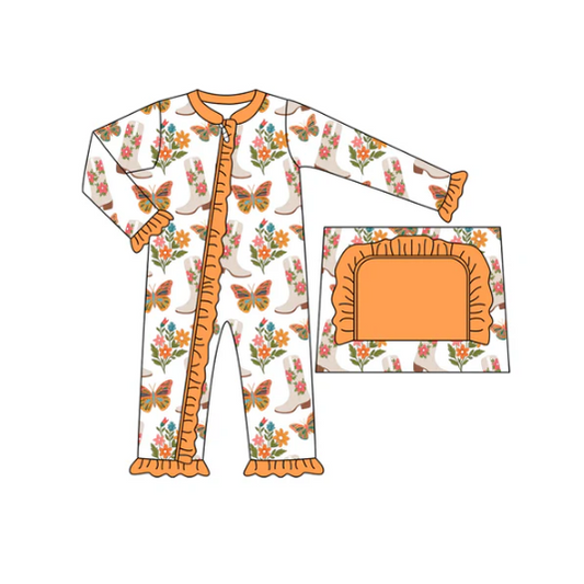 7.15 Preorder moq 5 Baby Infant Girls Long Sleeves Butterfly Floral Boots Ruffle Zipper Romper