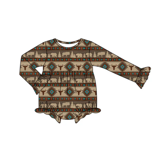 7.15 Preorder moq 5 Baby Infant Girls Long Sleeves Bull Skull Aztec Stripes Ruffle Romper