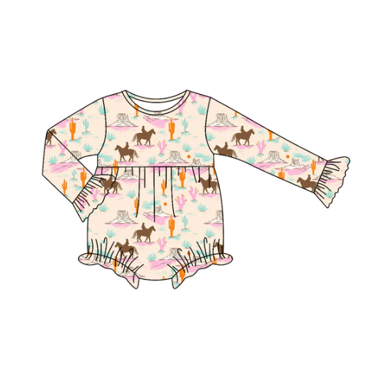 7.15 Preorder moq 5 Baby Infant Girls Long Sleeves Horse Rodeos Cactus Ruffle Romper