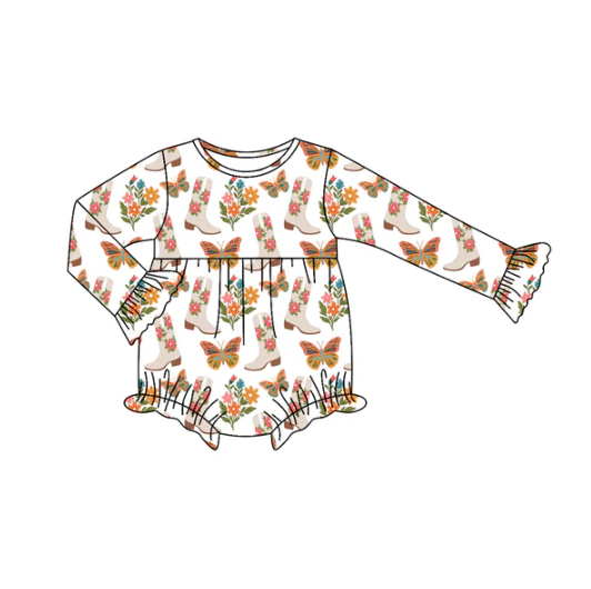 7.15 Preorder moq 5 Baby Infant Girls Long Sleeves Butterfly Floral Boots Plaid Ruffle Romper
