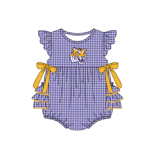 7.16 Preorder moq 5 Baby Girls Purple Plaid Flutter Sleeves Bows Tigers Team Rompers