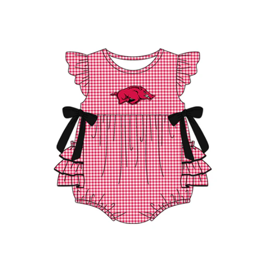 7.16 Preorder moq 5 Baby Girls Red Plaid Flutter Sleeves Bows Bull Team Rompers