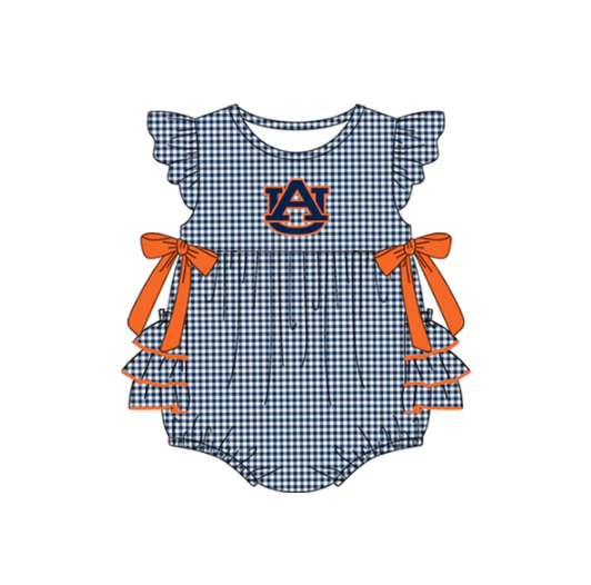7.16 Preorder moq 5 Baby Girls Navy Plaid Flutter Sleeves Bows AU Team Rompers