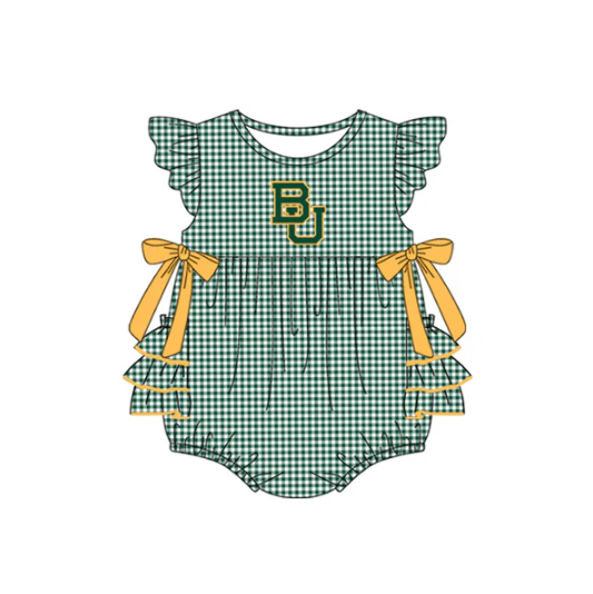 7.16 Preorder moq 5 Baby Girls Green Plaid Flutter Sleeves Bows BU Team Rompers
