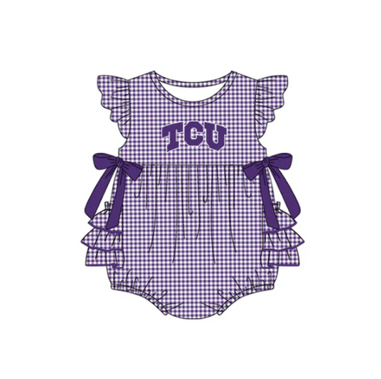 7.16 Preorder moq 5 Baby Girls Purple Plaid Flutter Sleeves Bows TCU Team Rompers