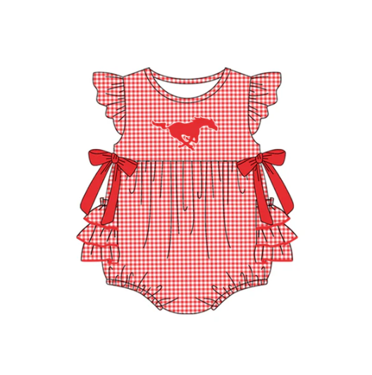 7.16 Preorder moq 5 Baby Girls Red Plaid Flutter Sleeves Bows Horses Team Rompers