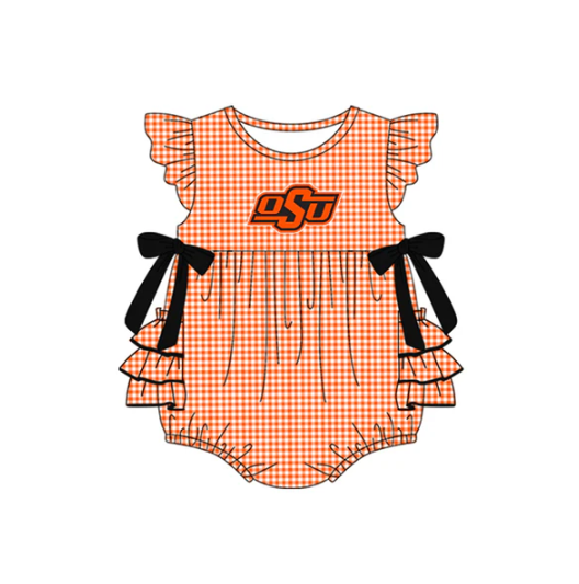 7.16 Preorder moq 5 Baby Girls Orange Plaid Flutter Sleeves Bows OSU Team Rompers