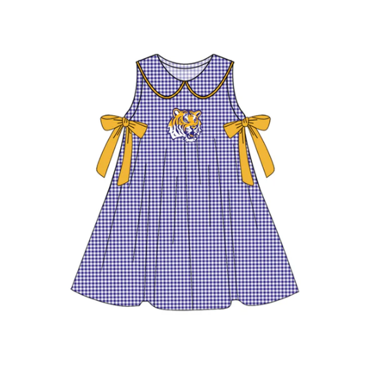 7.16 Preorder (moq 5)Baby Girls Purple Plaid Sleeveless Bows Tigers Team Knee Length Dresses