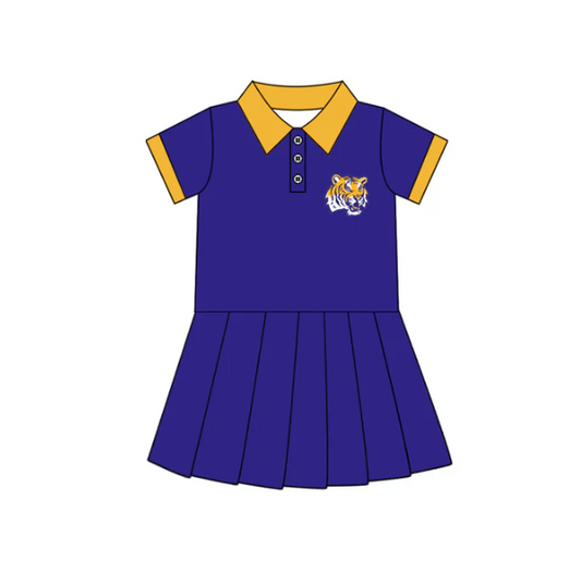 7.16 Preorder (moq 5)Baby Girls Purple Short Sleeves Button Tigers Team Shorts Knee Length Dresses