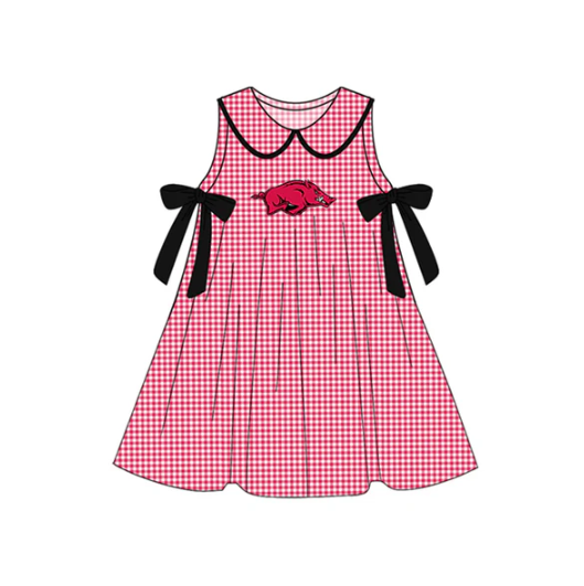 7.16 Preorder (moq 5)Baby Girls Red Plaid Sleeveless Bows Bull Team Knee Length Dresses