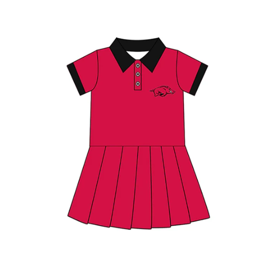 7.16 Preorder (moq 5)Baby Girls Red Short Sleeves Button Bull Team Shorts Knee Length Dresses