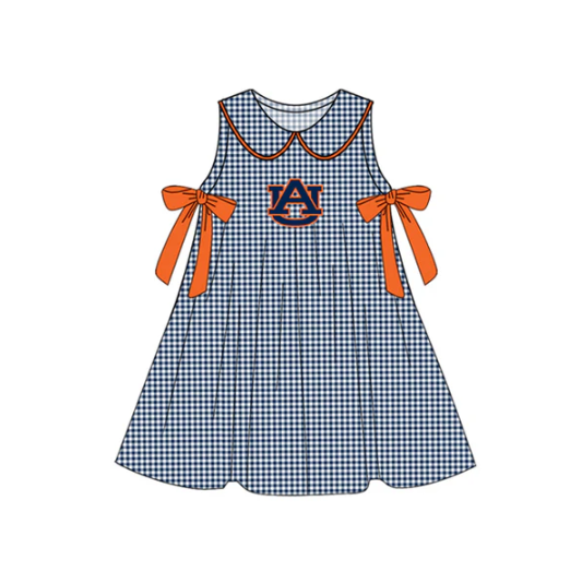 7.16 Preorder (moq 5)Baby Girls Navy Plaid Sleeveless Bows AU Team Knee Length Dresses