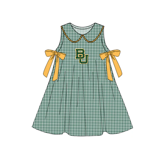 7.16 Preorder (moq 5)Baby Girls Green Plaid Sleeveless Bows BU Team Knee Length Dresses