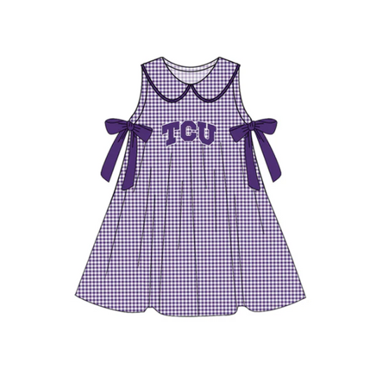 7.16 Preorder (moq 5)Baby Girls Purple Plaid Sleeveless Bows TCU Team Knee Length Dresses