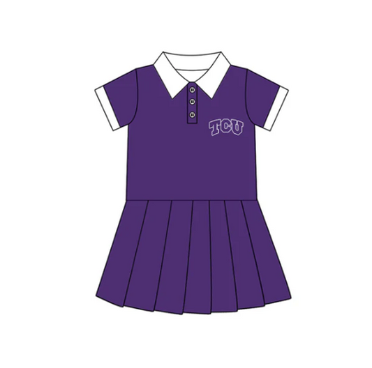 7.16 Preorder (moq 5)Baby Girls Purple Short Sleeves Button TCU Team Shorts Knee Length Dresses