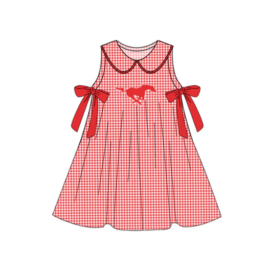 7.16 Preorder (moq 5)Baby Girls Red Plaid Sleeveless Bows Horses Team Knee Length Dresses