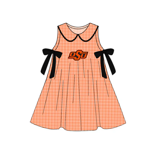 7.16 Preorder (moq 5)Baby Girls Orange Plaid Sleeveless Bows OSU Team Knee Length Dresses