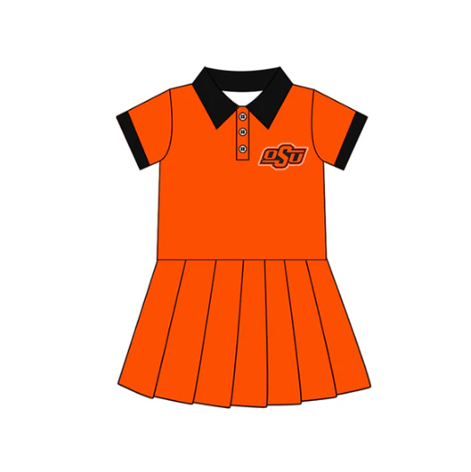 7.16 Preorder (moq 5)Baby Girls Orange Short Sleeves Button OSU Team Shorts Knee Length Dresses
