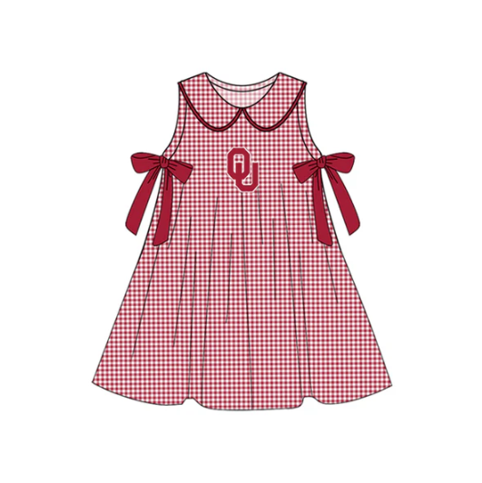7.16 Preorder (moq 5)Baby Girls Red Plaid Sleeveless Bows OU Team Knee Length Dresses
