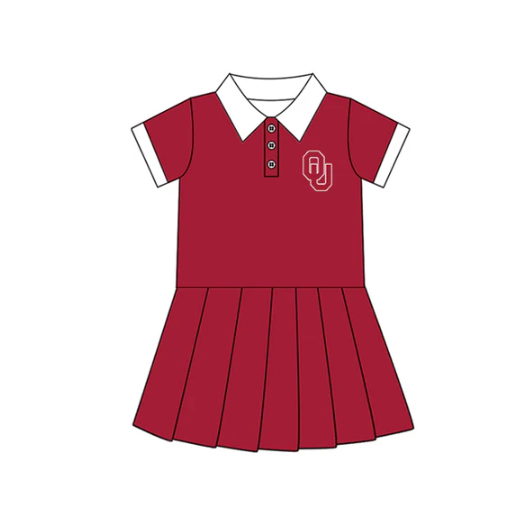 7.16 Preorder (moq 5)Baby Girls Red Short Sleeves Button OU Team Shorts Knee Length Dresses
