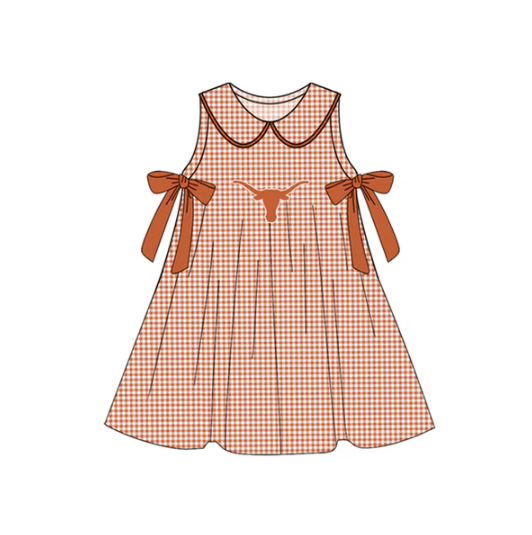 7.16 Preorder (moq 5)Baby Girls Orange Plaid Sleeveless Bows Bull Skull Team Knee Length Dresses
