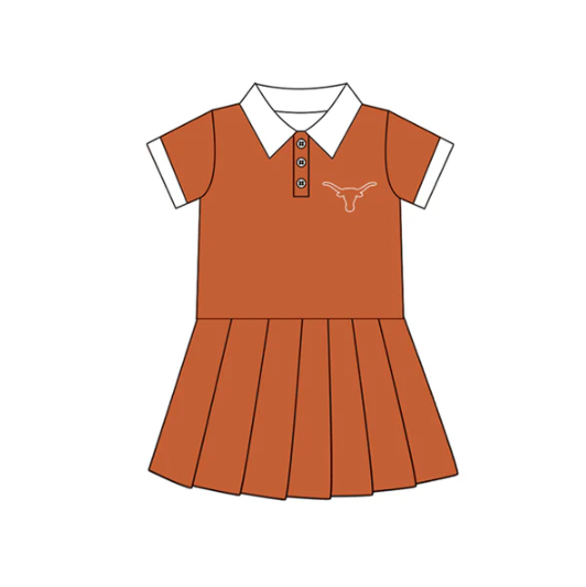 7.16 Preorder (moq 5)Baby Girls Orange Short Sleeves Button Bull Skull Team Shorts Knee Length Dresses