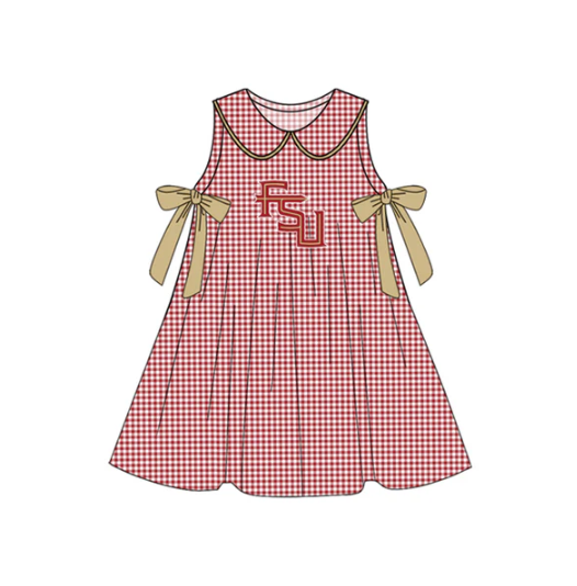 7.16 Preorder (moq 5)Baby Girls Red Plaid Sleeveless Bows FSU Team Knee Length Dresses