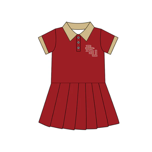 7.16 Preorder (moq 5)Baby Girls Red Short Sleeves Button FSU Team Shorts Knee Length Dresses