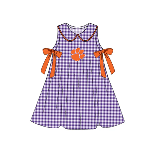 7.16 Preorder (moq 5)Baby Girls Purple Plaid Sleeveless Bows Pawl Team Knee Length Dresses