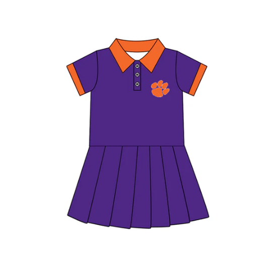 7.16 Preorder (moq 5)Baby Girls Purple Short Sleeves Button Pawl Team Shorts Knee Length Dresses
