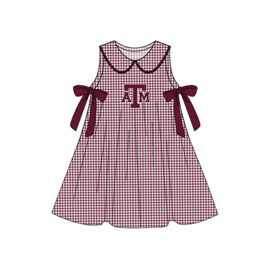 7.16 Preorder (moq 5)Baby Girls Red Plaid Sleeveless Bows ATM Team Knee Length Dresses