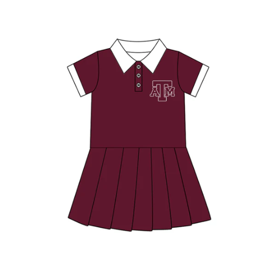 7.16 Preorder (moq 5)Baby Girls Dark Red Short Sleeves Button ATM Team Shorts Knee Length Dresses