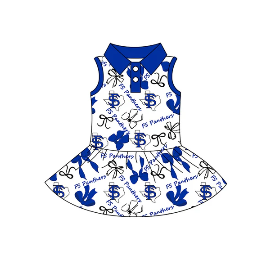 7.16 Preorder (moq 5)Baby Girls FS Panthers Sleeveless Bows Button Team Knee Length Dresses