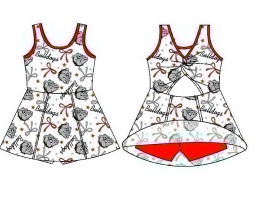 7.16Preorder (moq 5)Baby Girls Sleeveless Bulldogs Bows Football Team Shorts Dresses