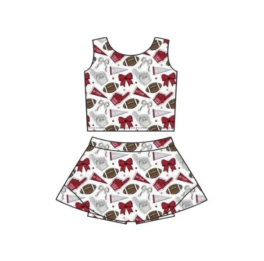 7.16 Preorder moq 5 Baby Girls Sleeveless Gray Red Football Cheer Plaid Vest Top Skorts Team Set