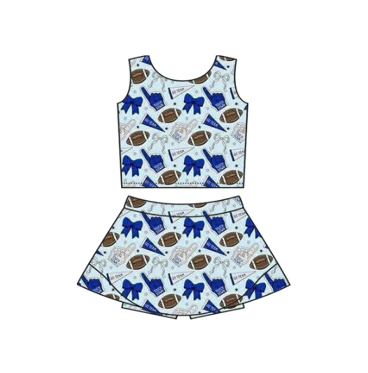 7.16 Preorder moq 5 Baby Girls Sleeveless Blue Football Cheer Plaid Vest Top Skorts Team Set