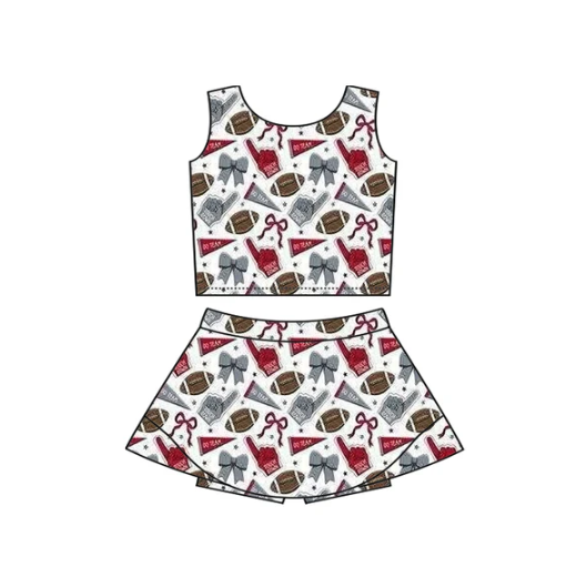 7.16 Preorder moq 5 Baby Girls Sleeveless Gray Football Cheer Plaid Vest Top Skorts Team Set