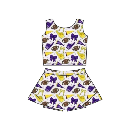 7.16 Preorder moq 5 Baby Girls Sleeveless Purple Yellow Football Cheer Vest Top Skorts Team Set